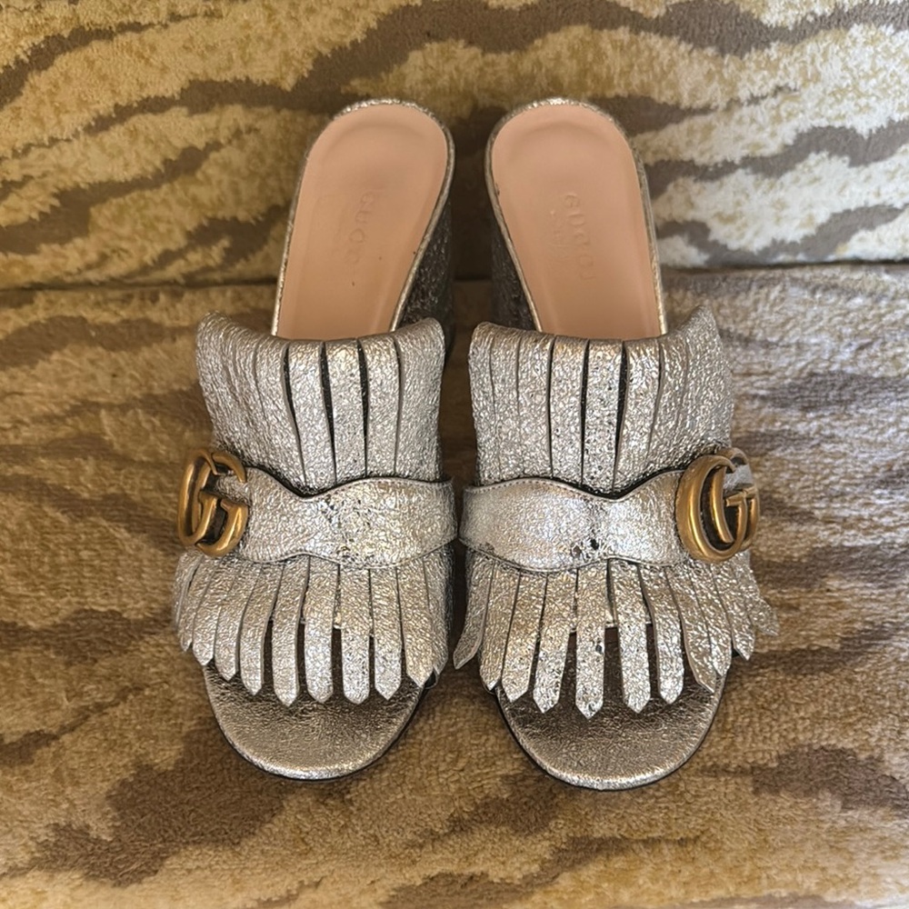 Gucci Silver Glitter Mules with Block Heel